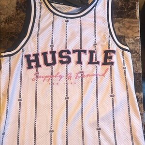 HUSTLE White Mesh Graphic Tank with Navy Trim